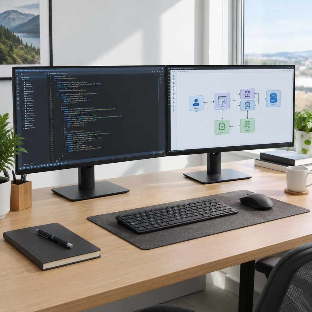 Dual monitor desk setup showing code on one screen and a diagram on the other