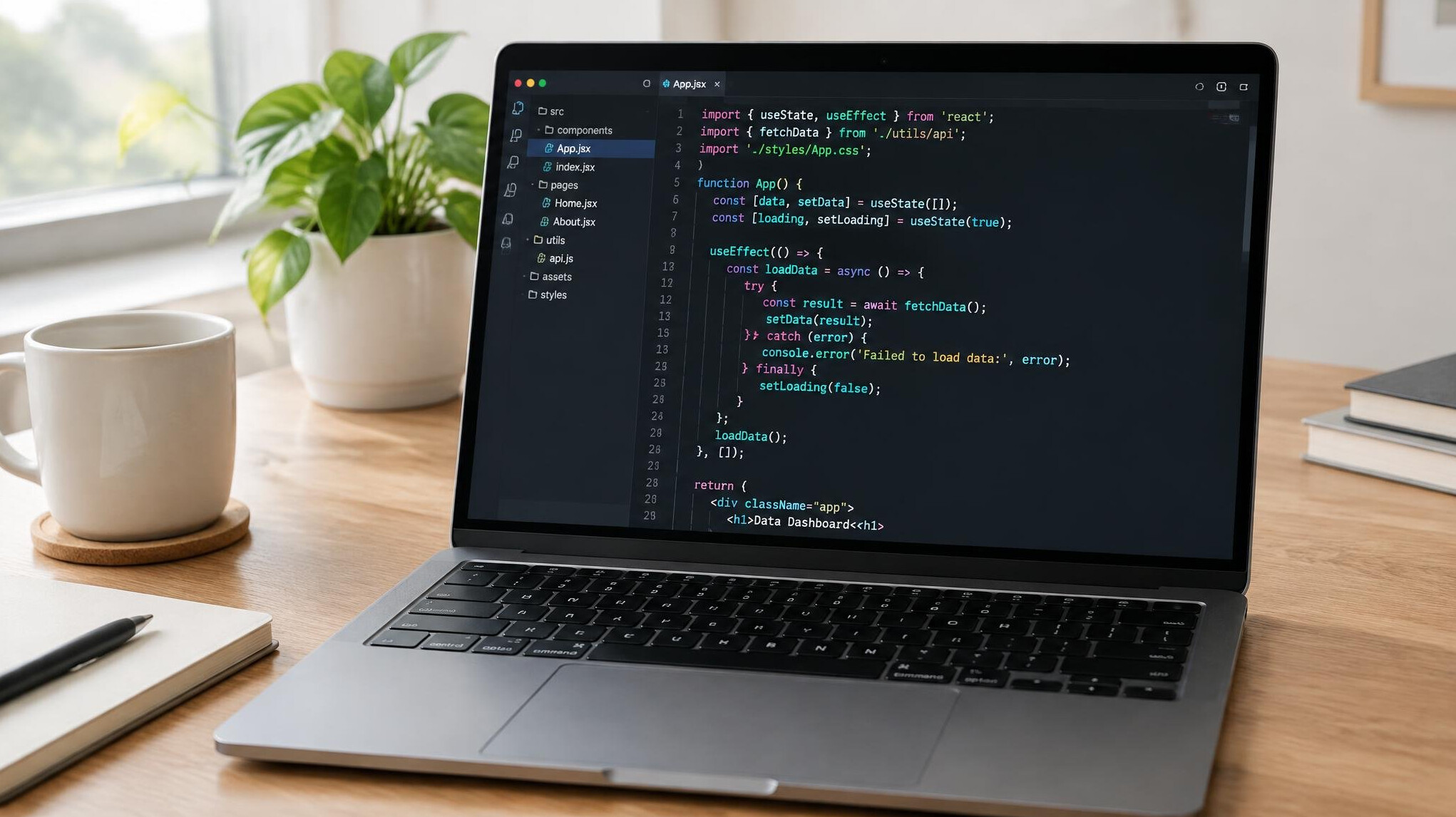 Laptop screen showing colorful lines of programming code on a wooden desk