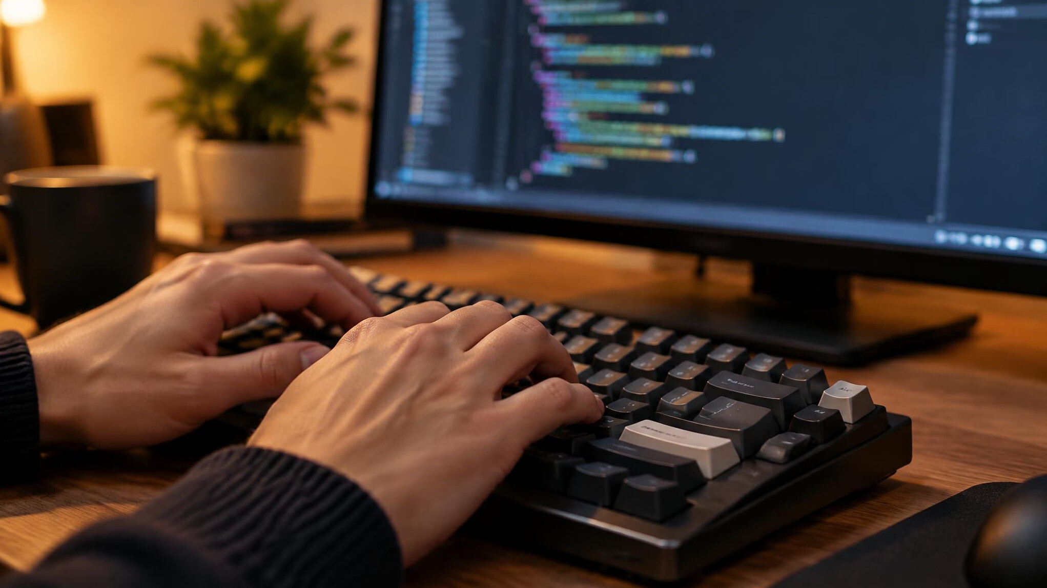 Close-up of hands typing on a keyboard with code visible on the screen