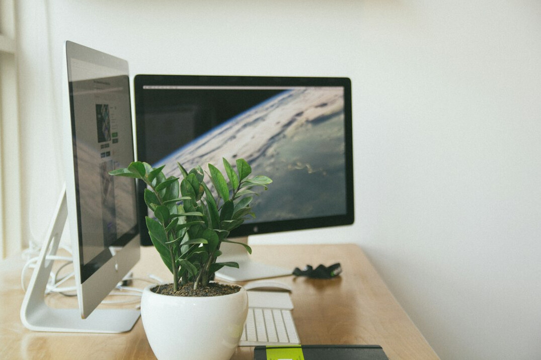 Modern home workspace desk with monitor showing code, notebook and plant