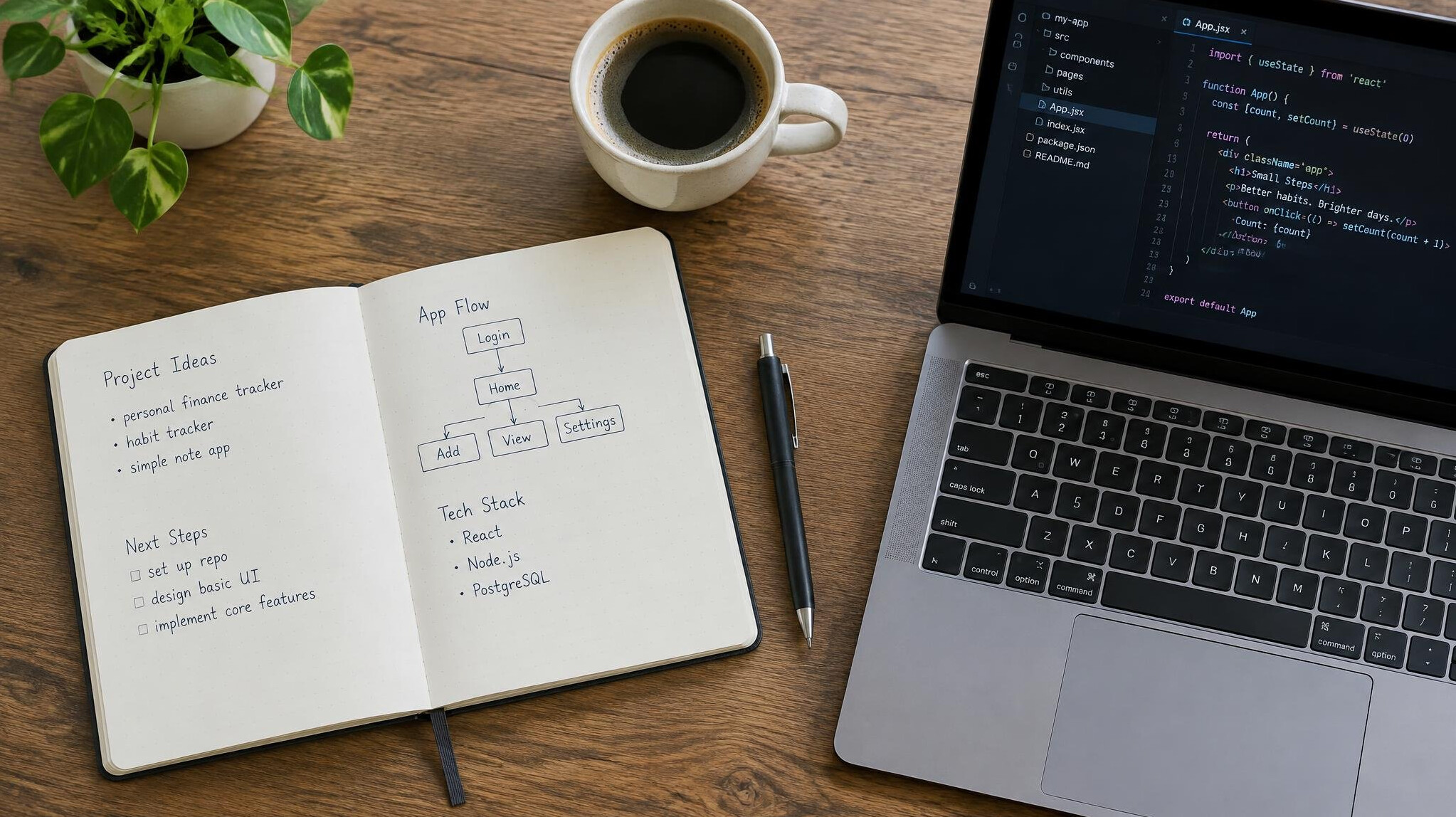 Overhead view of an open notebook with a pen beside a laptop showing code