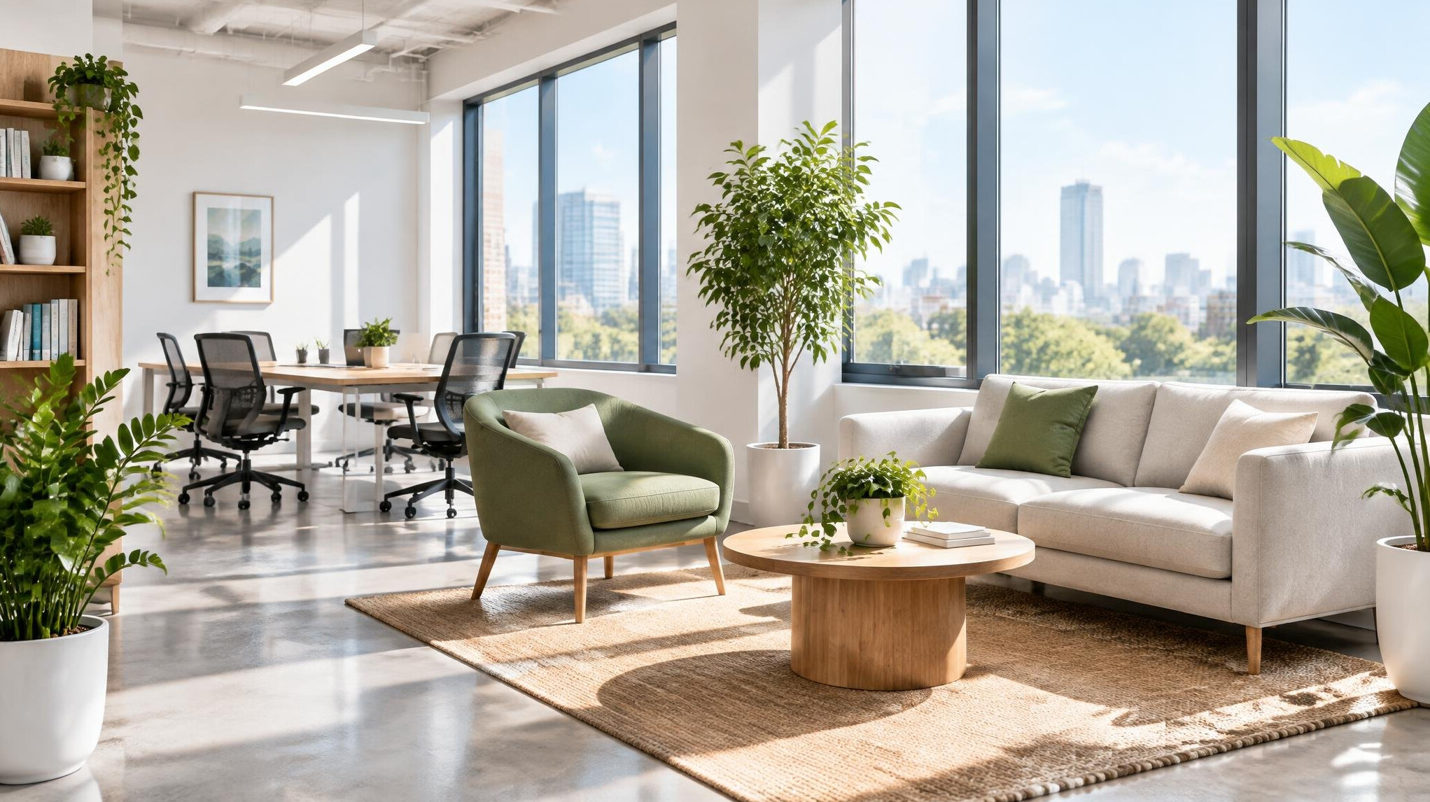 Bright modern office space with large windows and plants